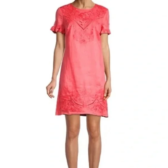 Karl Lagerfeld Paris Short Sleeve Embroidered Dress, Womens, 10, Coral Rose